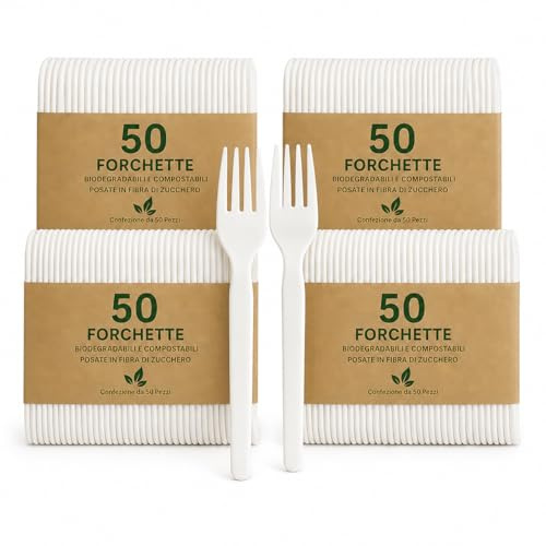 200 Forchette biodegradabili e compostabili Bianche Posate in Fibra di Zucchero Confezioni da 50 Pezzi stoviglie bio Eco Friendly (200 forchette)
