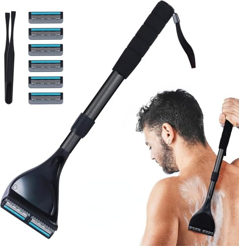 Maquinilla de afeitar de espalda para hombres con mango largo, ajustable, depiladora de espalda DIY, juego de cuchillas de afeitar sin dolor con 5 cuchillas - Afeitadora universal de doble filo