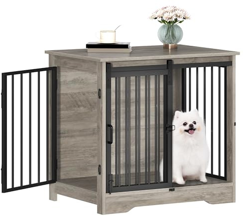 Hzuaneri 27.2 Dog Crate Furniture with Barn Door, Heavy Duty Dog Kennel Indoor with 2 Doors, Wooden Pet Cage End Table for Small Medium Dogs up to 22 lb, Anti-Chew Anti-Escape, Greige DFC84305B