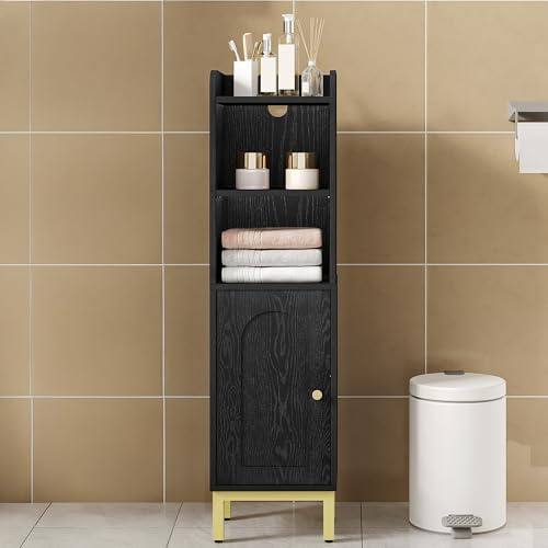 Hzuaneri Meuble de Salle de Bain, Petit Meuble de Rangement de Salle de Bains, Armoire Étroit pour Papier Toilette, Armoire d’Angle avec Porte et Étagères 20 x 25 x 90 cm, Noir/Doré BC38204G