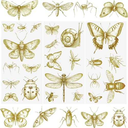 WANDIC 3 Sheets Rub on Transfer Stickers, Gold Decorative Furniture Transfer Decal Butterfly Bee Customized Design Strong Adhesion, for Postcard Scrapbooking Decorations,15 * 30cm