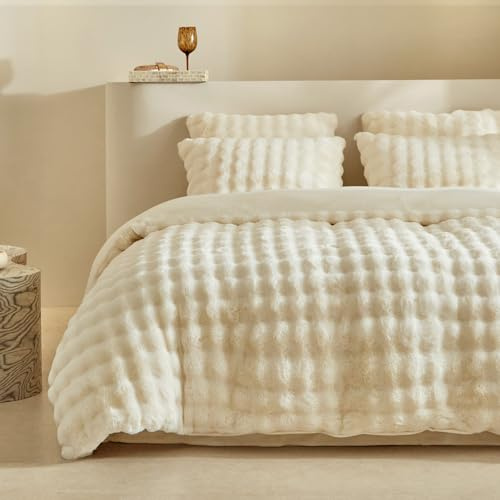 Lekesky Plüsch Bettwäsche 220x240 - Flauschige Bettwäsche aus Flauschig Kaninchenfellimitat - Beige Winterbettwäsche 220x240 mit Reißverschluss und 1 Kissenbezug mit Reißverschluss 80x80cm