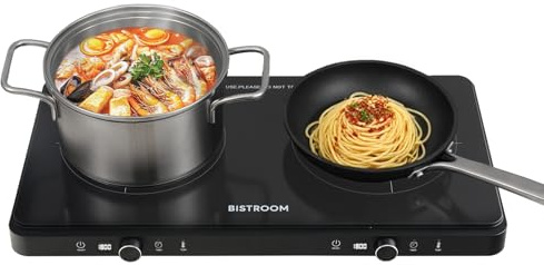 BISTROOM Double Induction Cooktop: Apartment-Friendly Dual Burner with Precision Temp Control (140°F-460°F) – No Breaker Trips, Perfectly Seared Steak & Never-Burnt Eggs