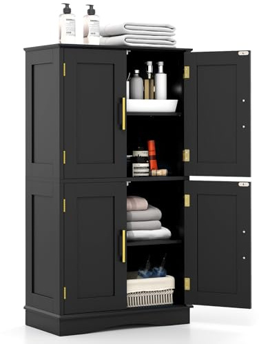 RELAX4LIFE Mobile da Bagno, Armadietto con 4 Ante, Ripiani Regolabili, Credenza da Cucina Salvaspazio, Mobiletto Multiuso per Soggiorno e Ufficio, 60 x 30 x 110 cm (Nero)