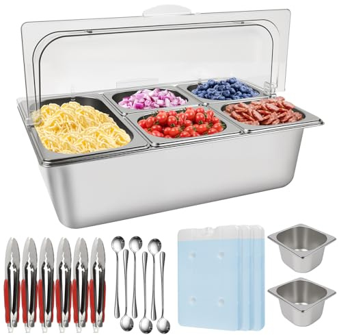 Kalolary 7 Pans Pizza Topping Station with Spoons Ice Boxes Clips Lids | Stainless Steel Spice Organizer Salad Buffet Containers Set for Sauce Jam Ingredient Kitchen Bar Restaurant Pantry