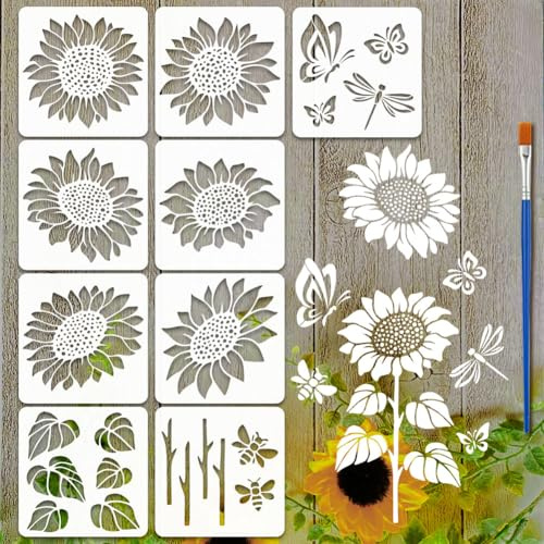 FINGERINSPIRE 9PCS Sunflowers Painting Stencils with Paint Brush 30x30cm Plastic Butterflies Bees Drawing Templates Dragonflies Branches Leaves Stencils Plant Theme Template for Wall Decoration
