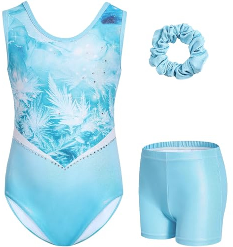 Gogokids Justaucorps de gymnastique sans manches en strass, 3 pièces, pour fille, avec short et bandeau, encolure en maille, justaucorps de gymnastique pour fille de 3 à 12 ans, idéal comme cadeau