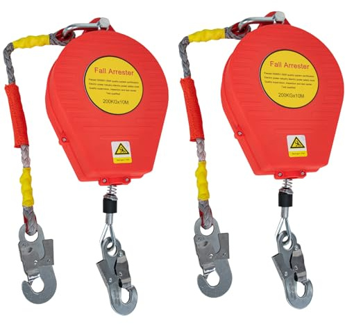 Aocay Arnes Linea de Vida Tejado 200kg, Dispositivo Anticaida Retractil Homologado 10m, Rojo Arnes Seguridad Anticaidas Retractil Trabajo Tejados/ Altura con Gancho Autoblocante(Rojo - 2 piezas,10m)