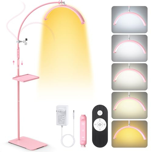 Adonafy Lampara Extensiones de Pestañas: 18 Plegable Lampara LED de Pie Para Pestañas con 5 Colores Regulables & Rotación de 360° para Salón, Hogar, Rosa