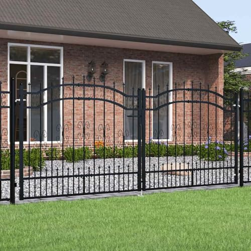 Cancello d'ingresso, doppio cancello per recinzione con punta a lancia, nero, 305 x 125 cm, in acciaio verniciato a polvere, per terrazza e giardino