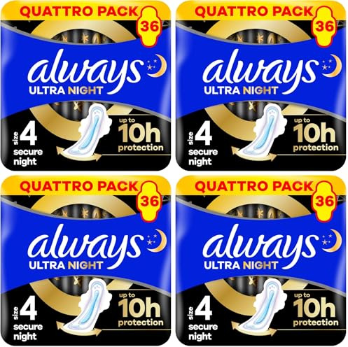 Always Ultra Serviettes Hygiéniques Secure Night (T4) Avec Ailettes x36 Super Absorbantes Et Ultra-Fines, Pour Règles (Lot de 4)