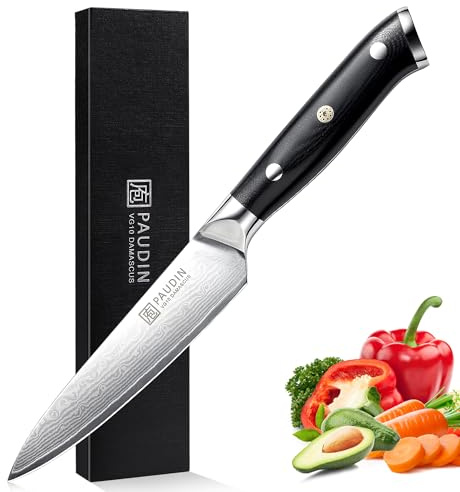 PAUDIN Utility Knife, Damascus Kitchen Knife, 67-Layer Forged Blade, Ultra Sharp Edge, Full Tang G10 Handle with Triple Rivets, 5'' Paring Knife for Cutting Fruit and Vegetables
