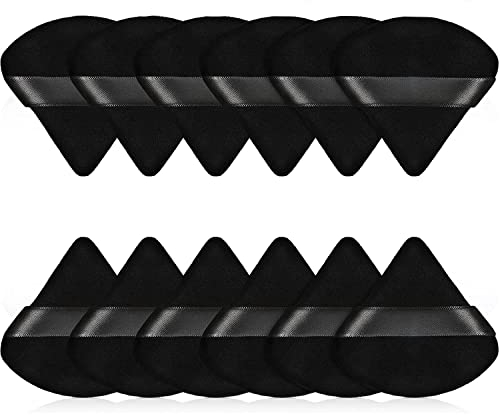 12-Piece Triangle Powder Puff Set - Soft Velour Puffs for Loose Powder, Foundation, Cream Blush - Reusable, Dry & Wet (Black)