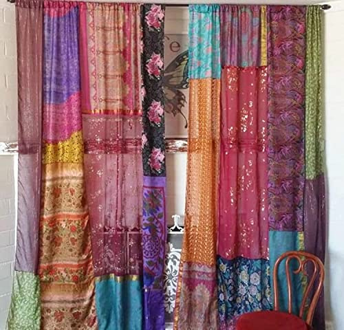 EthinicCraftHub® 1 par indisk vintage sidenblandning sari flerfärgad (blandade färger) handgjorda lapptäcke gardiner gardiner heminredning gardin/paneler