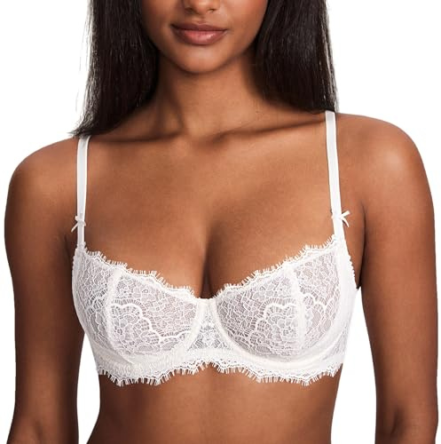 DOBREVA Donna Reggiseno Balconcino Push Up Sexy Pizzo con Ferretto Taglie Forti Bianco Cocco 6D