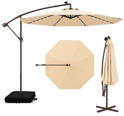 RELAX4LIFE Sombrilla Terraza 3x3m con 40 Luces LED Solar, Sombrilla Inclinable con Base en Cruz, Manivela Manual y 2 Sacos de Arena, Protección Solar, Parasol para Jardín, Terraza y Patio (Beige)
