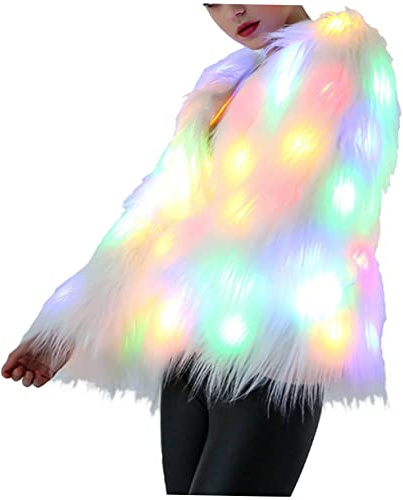 CALLARON Light Up Jacket for Women, Winter Faux Fur Jacket, Christmas Glowing Coat, Fancy Dress Party Costume, Outfit for Xmas Parties, Night Events & Winter Festive Looks, Size S, Sleeve 57cm