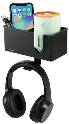 SchreibtischOrganizer mit Kopfhörer-Aufhänger, Schreibtisch-Getränkehalter für Schreibtisch-Aufbewahrung, Getränke, Handyhalter, Clip-on-Schreibtisch-Getränkehalter, drehbarer Kopfhörer-Aufhänger