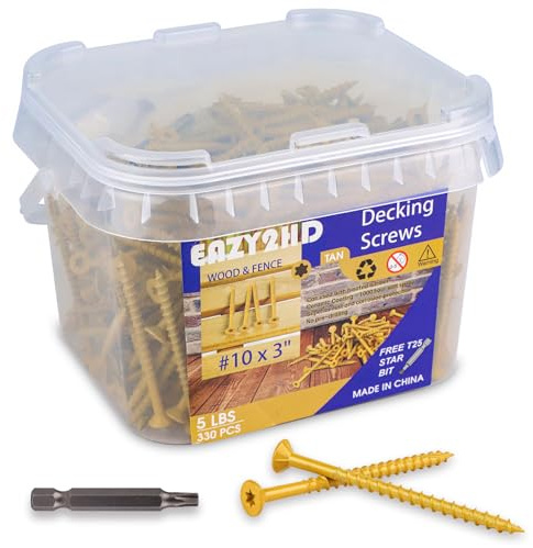 Eazy2hD Exterior Wood Screws # 10 x 3, T25 Star Torx Drive Deck Screws 330 PCS Flat Head Steel Self Tapping Screws Fasteners, Rust Resistant