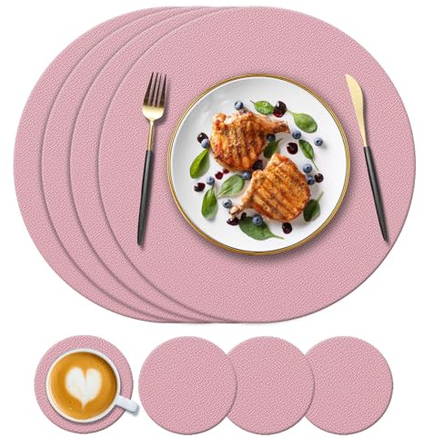 KERYCHIN 4 runde Silikon-Tischsets + 4 Untersetzer Set, hitzebeständige 450 °F Tischsets, rutschfest und waschbar, Dekorationszubehör für Zuhause, Hotel, Esstisch, drinnen, draußen, Rosa
