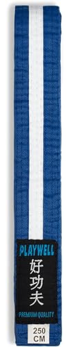 Playwell kampsport bomullsfärgat bälte med vit rand graderingsbälte - (Karate, Judo Taekwondo), Blått bälte med vit rand, 220cm
