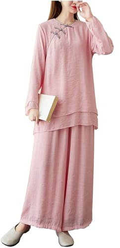DAYKET Ropa de Tai Chi para Mujer, Traje de Artes Marciales de Lino y Algodón para Meditación Zen Kung Fu, Conjunto de Top Tradicional Chino + Pantalones,PinkB-XL