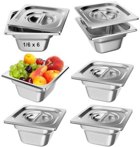 TAIMIKO 6 padelle Gastronorm in acciaio inox GN 1/6 con coperchi, profondità 100 mm, contenitori per alimenti a bagnomaria per catering, spessore 1 mm (1/6 padella, 6 pezzi, con coperchi)