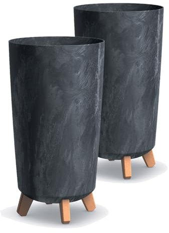 Tymar Lot de 2 pots de fleurs grands avec pieds - Grand pot de fleurs mat - Pour l'extérieur et l'intérieur - Béton anthracite - Hauteur 44,5 cm - Diamètre 24 cm