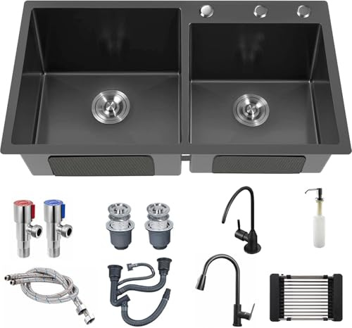 Lavello Cucina 2 vasche Lavello da cucina nero Lavandino cucina 2 vasche con gocciolatoio Lavello multifunzione in acciaio inox Con rubinetto, set completo di accessori (Black, 82 * 45cm)