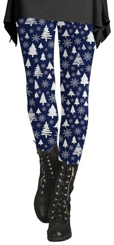 Damen-Leggings für Weihnachten, elastische Hose, Thermo-Leggings, Urlaub, lässig, Komfort, Blumen, bedruckt, Workout, Sport, Hose, Damen-Leggings mit Fleece-Futter, dunkelblau, L