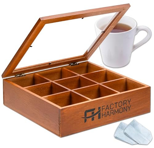FACTORY HARMONY Scatola Organizer in Bambù per Bustine Tè, Tisane e Capsule – Porta Tè Salvaspazio per Cucina o Ufficio – Elegante e Naturale per Amanti di Infusi con Coperchio Trasparente