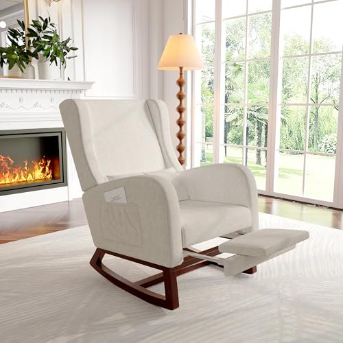 Mecedora para relajarse, sillón balancín, Silla de lactancia, silla basculante con lana de oveja y cojín lumbar y 2 bolsillos laterales,cómoda sillaa de lectura para salón o dormitorio (Beige)