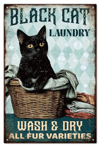 GLOBLELAND Cartel de chapa de metal con gato negro WASH & DRY ALL FUR VARIETIES, pintura vintage, carteles de chapa de 30,5 x 20,3 cm, arte de pared retro, placa póster para el hogar, hotel, baño