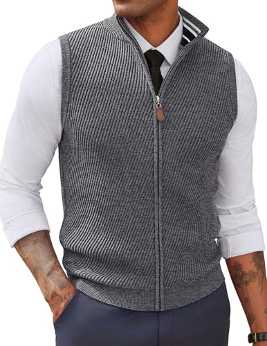 PJ PAUL JONES Mens Sweater Vest Full Zip Twill Sweaters Light Grey XL
