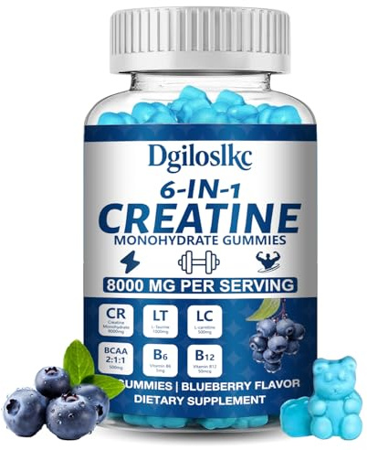 Dgiloslkc 1 Pack 8000MG Creatine Monohydrate Gummies with 500mg BCAAs for Men & Women, L-Taurine, Vitamin B6 12, Workout Gym Support for Performance and Muscle Power, Powder Tablets Blueberry, 90ct