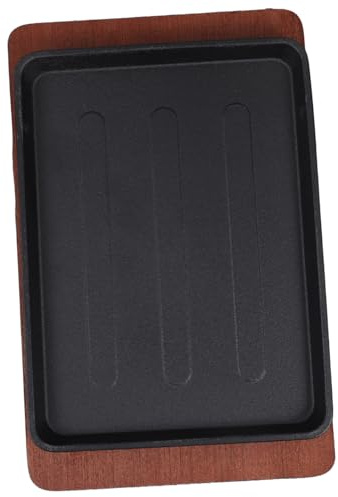 INOOMP Sartén Cuadrada Para Barbacoa 23.2x17.5 Cm De Hierro Fundido Con Base De Madera Resistente Para Asar y Freír Carne y Pescado, Adecuado Para Uso Doméstico y Reuniones Familiares