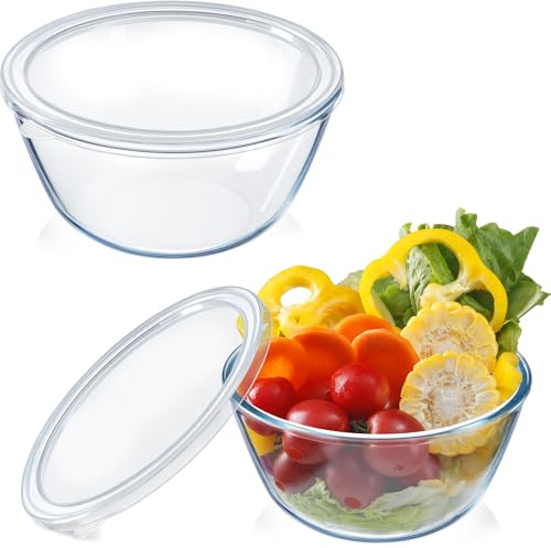 NUTRIUPS Lot de 2 bols mélangeurs en verre transparent pour la cuisine (1 l, lot de 2 avec couvercles)