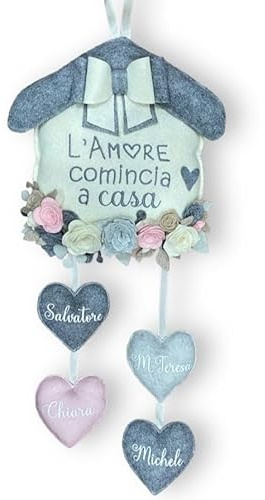 Casetta Fuoriporta Personalizzata in Pannolencio 20x35 cm, con Cuoricini Pendenti e Decorazioni Shabby Chic, Fuoriporta toni del grigio + richiami rosa con cuoricini pendenti