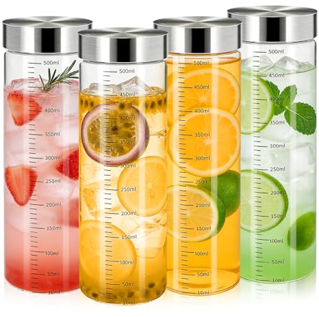 Alitree Glasflasche 500ml mit Deckel - 4er Pack, Spülmaschinenfest, BPA-Frei, Saftflasche aus Borosilikatglas, Wiederverwendbar für Smoothies, Kaffee und Tee to go, Inklusive Messskala