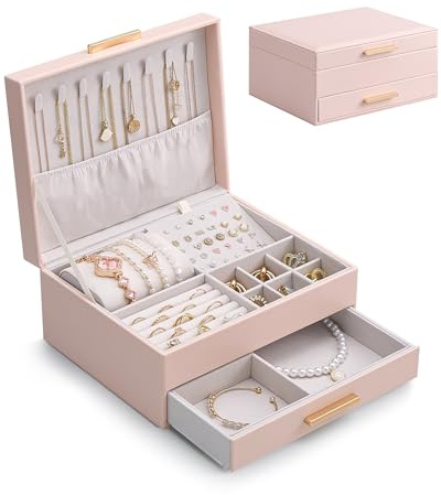 Lolalet Caja para Joyas de Doble Capa, Estuche Joyero Organizador para Joyería Collares Anillos Aretes Pulseras Relojes Regalo Ideal para Mujer -Rosa
