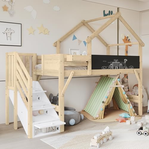 luckdect Lit Mezzanine en Bois 90x200 cm, Multifonctionnel Lit Cabane avec Barrière de Sécurité, Tableau Peinturable, avec 3 Casiers de Rangement dans l'escalier, Lit Simple (Matelas Non Inclus)