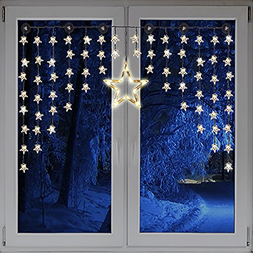 Mojawo Beleuchteter Weihnacht Sternenvorhang Lichterkette Fensterdeko 90 LED warm weiÃŸ mit Saugnäpfe Einfach zu montieren Breite 135 cm, Höhe 95 cm, Zuleitung 5 m
