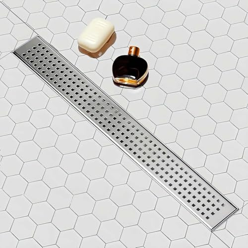 SaniteModar 24 inch Linear Shower Drain with Removable Square Hole Panel by Using Brushed 304 Stainless Steel Process, Linear Drain Equipped with Adjustable Feet and Hair Strainer