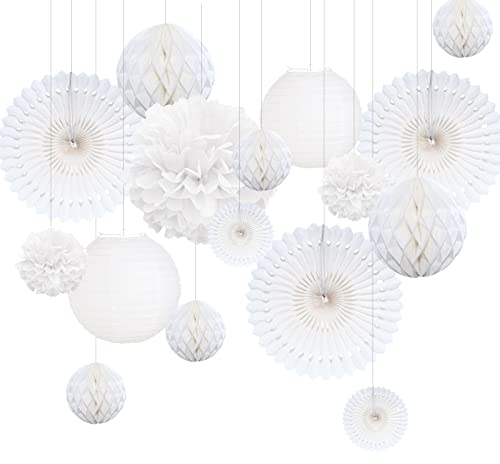 Himeland Lampions Pompoms Wabenbälle Fächer Set, 17Hängende Papierblumen Pompons Hortensien für Party, Hochzeit, Geburtstag, Geburtstagsdekoration und Taufe