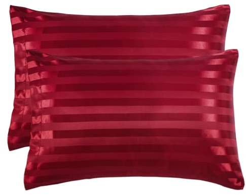 Damier 2er-Set Satin Kissenbezug 40x80cm Rot glatt glänzend hochwertige Seidig Mikrofaser Kissenhülle Kopfkissenbezug schont Haare und Haut, Weinrot
