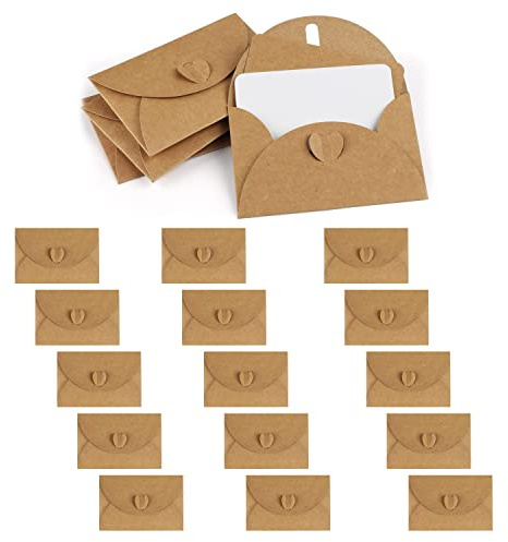 IOPYKKOA 15 Sobres de Papel Kraft con 15 Tarjetas de Papel en Blanco, Mini Sobres con Cierre de corazón para Tarjetas de Regalo DIY Graffiti