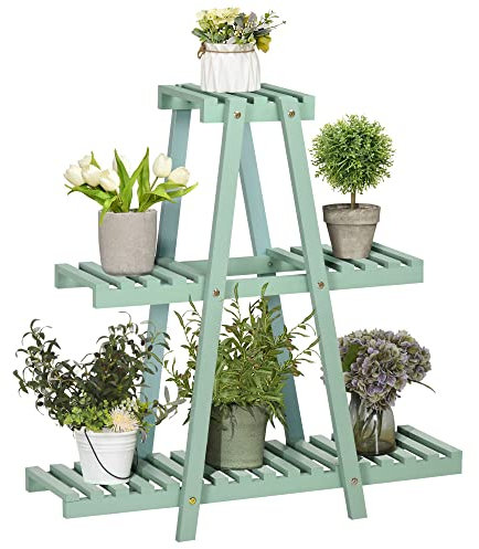 Outsunny Porta Piante da Interno a 3 Livelli, Portavasi da Interno in Legno di Abete per Interni ed Esterni, 76x26x76 cm, Verde Chiaro