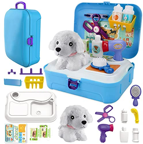 STAY GENT Tierarzt Spielzeug Kinder 16 Stück Hund Fellpflege & Fütterungs Spielzeug Arztkoffer Tierarztkoffer Rucksack & Plüschhund Rollenspiel Geschenk Mädchen Spielzeug für Kinder ab 2 3 4 5 6 Jahre