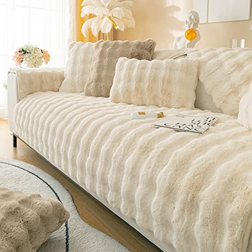 MERRYLIFE Thick Plush Faux Rabbit Fur Sofa Slipcovers 1-Piece Non-Slip Warm Soft Cozy Couch Covers Furniture Protector (White, Sofa Cushion 90 * 160cm)