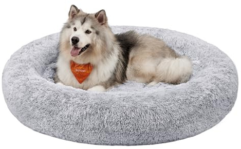 Feandrea fluffig hundsäng, kattbädd, munkkudde, tvättbar, avtagbar mittstoppning, lång plysch, 140 cm diameter, ombre grå PGW044G01